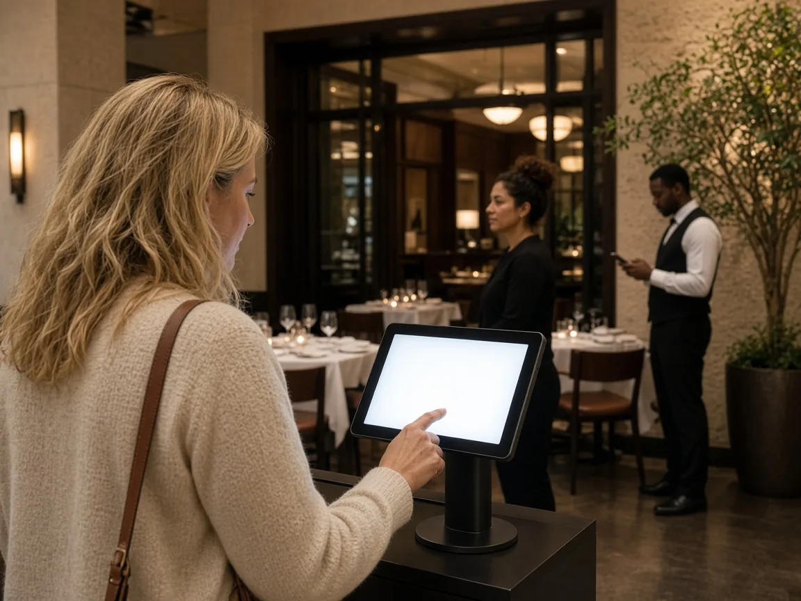A guest joins a restaurant waitlist while staff text the next party